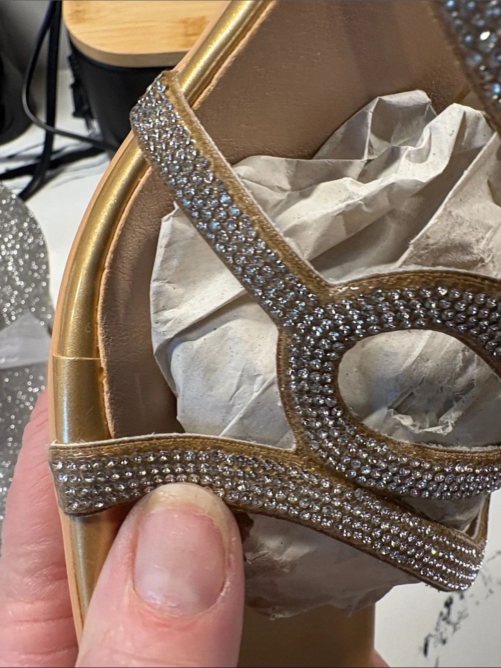 J. Adams Gold Crystal Snake Slide Heels